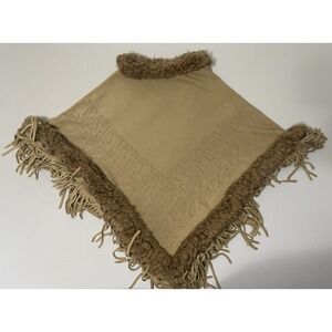 Womens One Size Poncho Tan Knit Faux Fur Collar Fringe‎ Shawl Wrap Cape